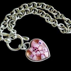 Alan K Sterling Pink Heart Millefiori Charm Bracelet 22g Artisan Toggle Link